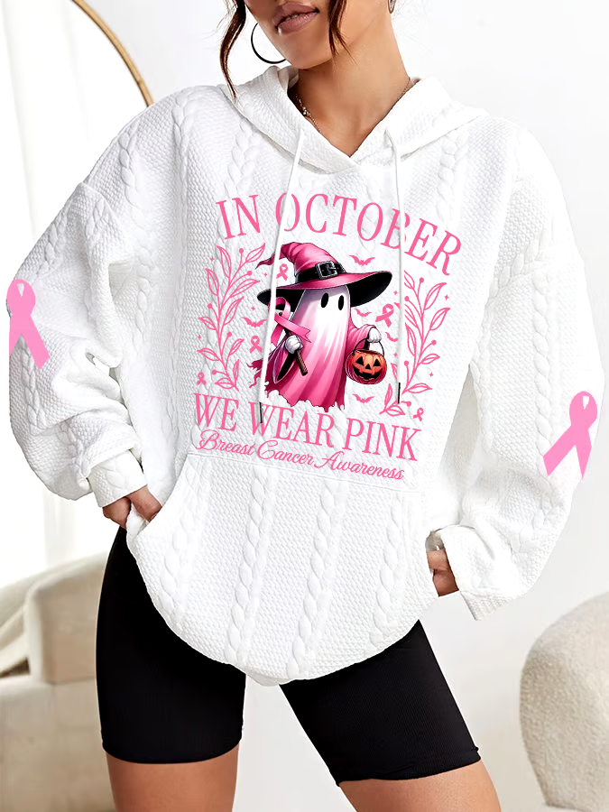 ?Buy 3 get 12% off丨Women's In October We Wear Pink Halloween Ghost Breast Cancer Awareness Warrior Cable Hoodie