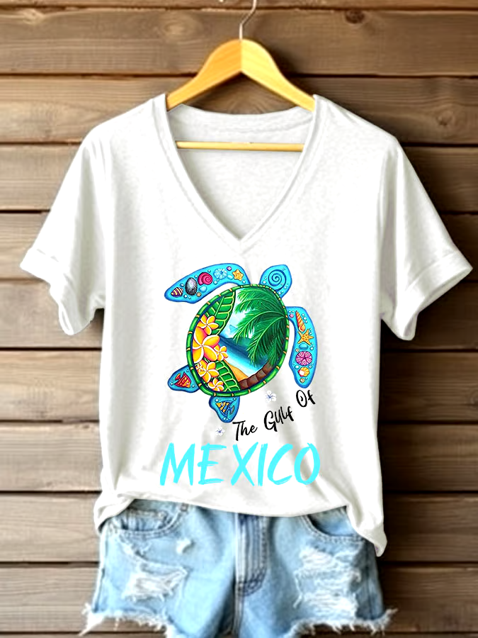 ?Buy 3 get 12% off丨Women's Sea Turtle The Gulf Of Mexico Printed V Neck T-shirt