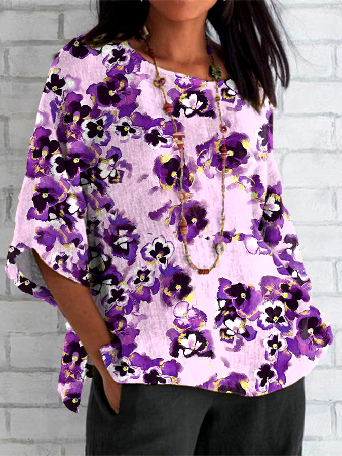 ?Buy 3 get 12% off丨Women's Cotton and Linen Purple Floral Print Shirt Top