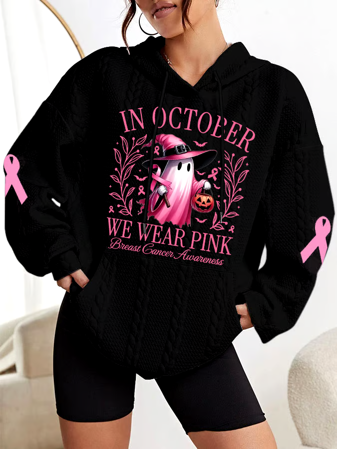 ?Buy 3 get 12% off丨Women's In October We Wear Pink Halloween Ghost Breast Cancer Awareness Warrior Cable Hoodie