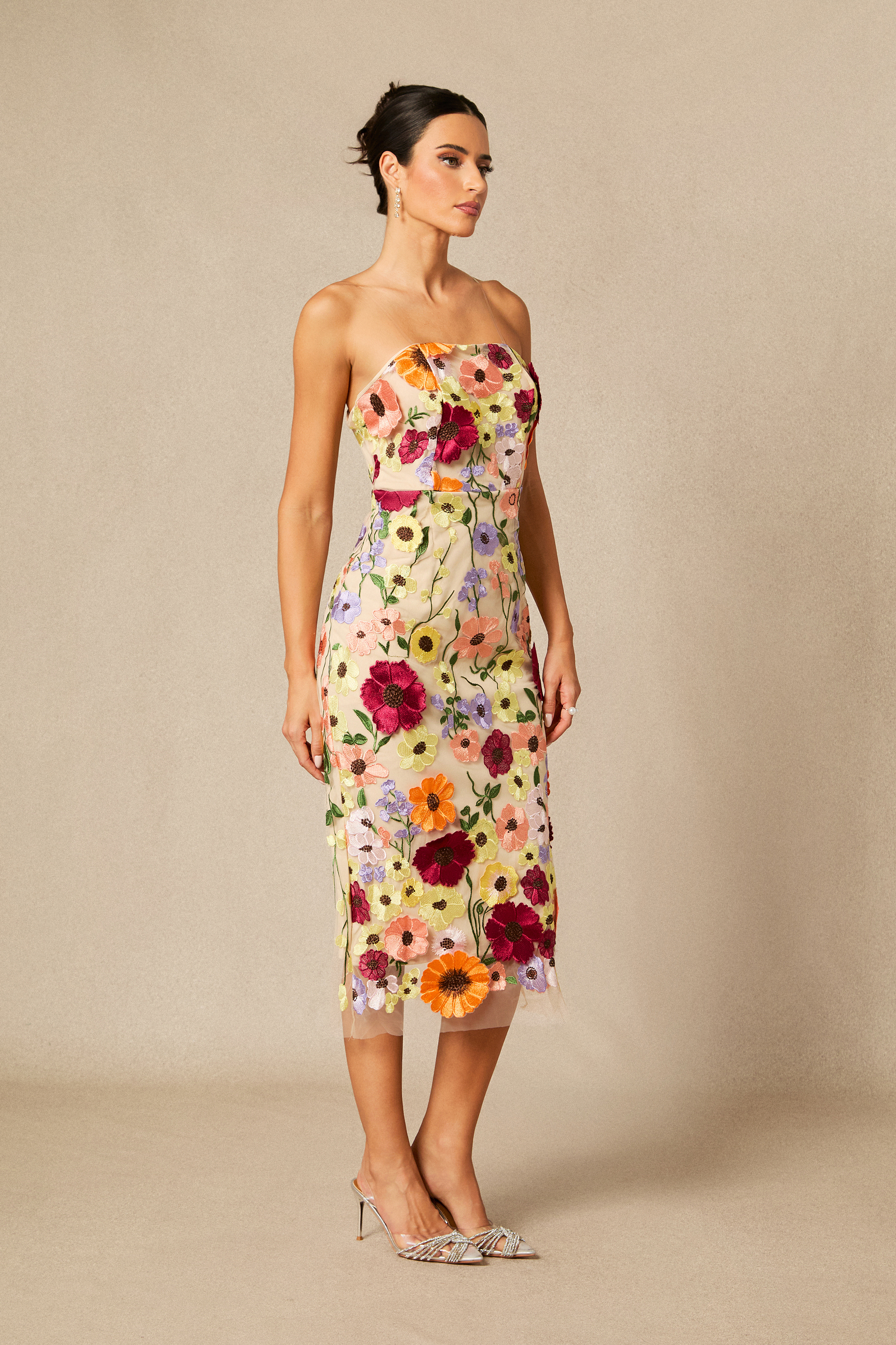 Belle Embroidered Floral Strapless Midi Dress