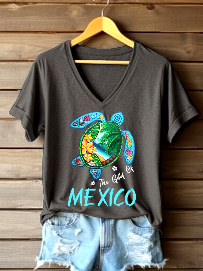 ?Buy 3 get 12% off丨Women's Sea Turtle The Gulf Of Mexico Printed V Neck T-shirt