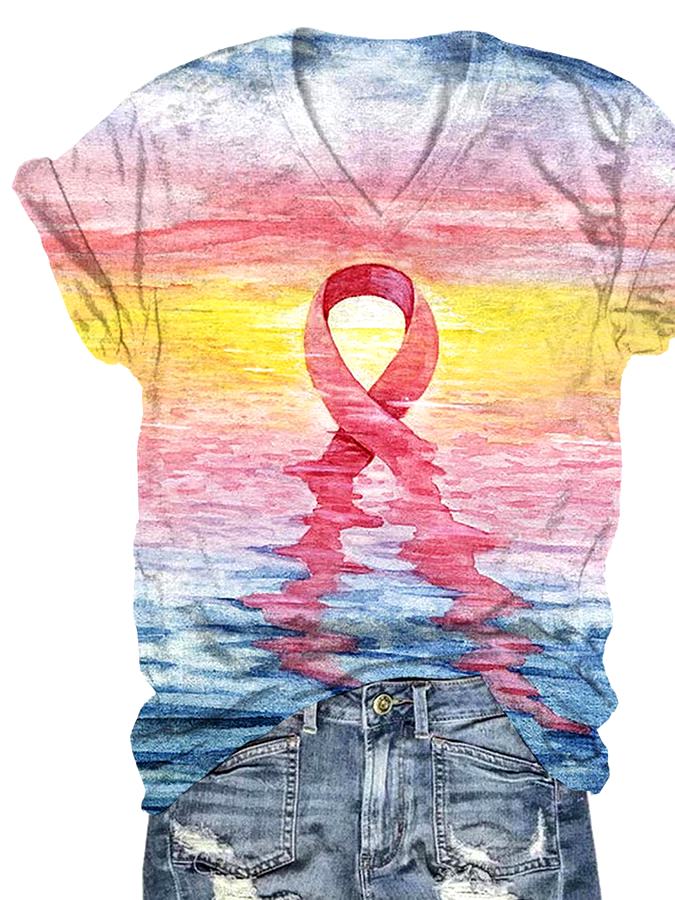 ?Buy 3 get 12% off丨Women's Casual Pink Ribbon Breast Cancer Art Print Short Sleeve T-Shirt