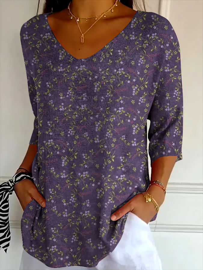 ?Buy 3 get 12% off丨Women's Alzheimer's Disease Awareness Floral Printed Pit Fabric Casual V-Neck Mid-Sleeve T-Shirt