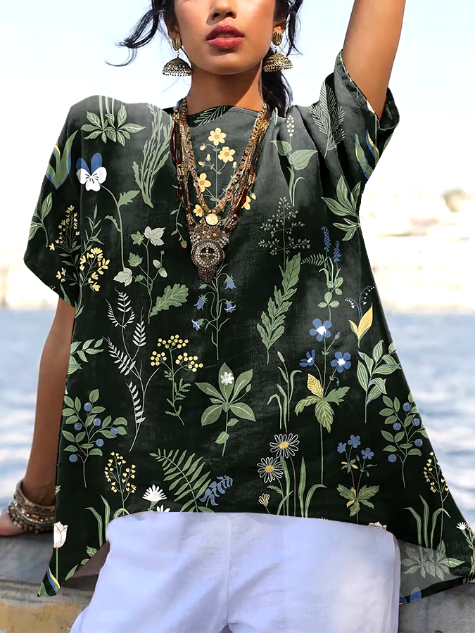 ?Buy 3 get 12% off丨Women's Forest Floral Print Casual Round Neck Cotton and Linen Top丨?100% natural cotton