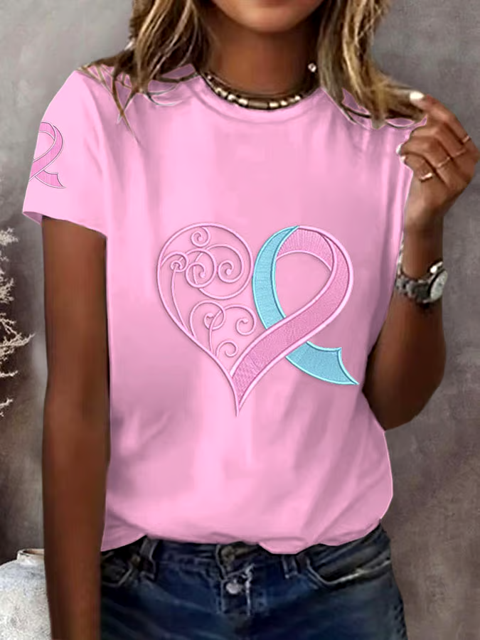 ?Buy 3 get 12% off丨Women's Breast Cancer Awareness Love Pink Ribbon Print Casual T-Shirt