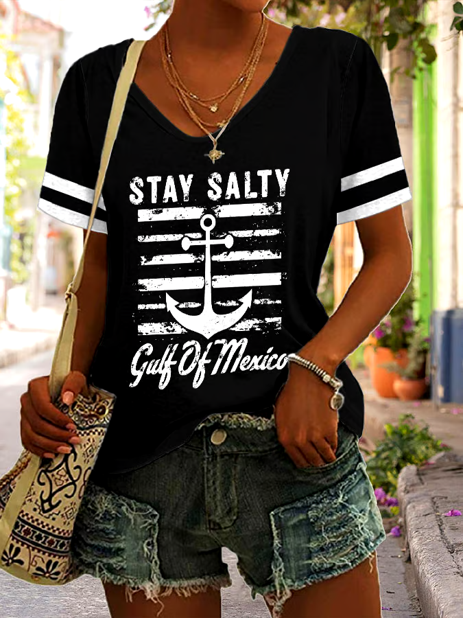 ?Buy 3 get 12% off丨Women's Stay Salty Gulf Of Mexico Print V Neck T-Shirt