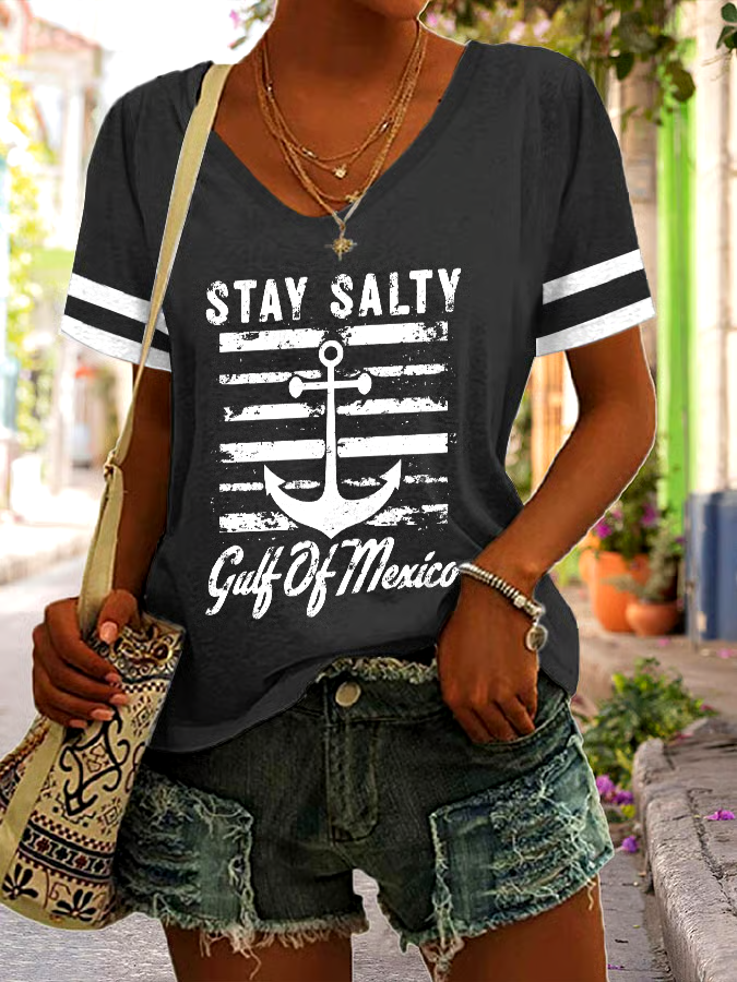 ?Buy 3 get 12% off丨Women's Stay Salty Gulf Of Mexico Print V Neck T-Shirt