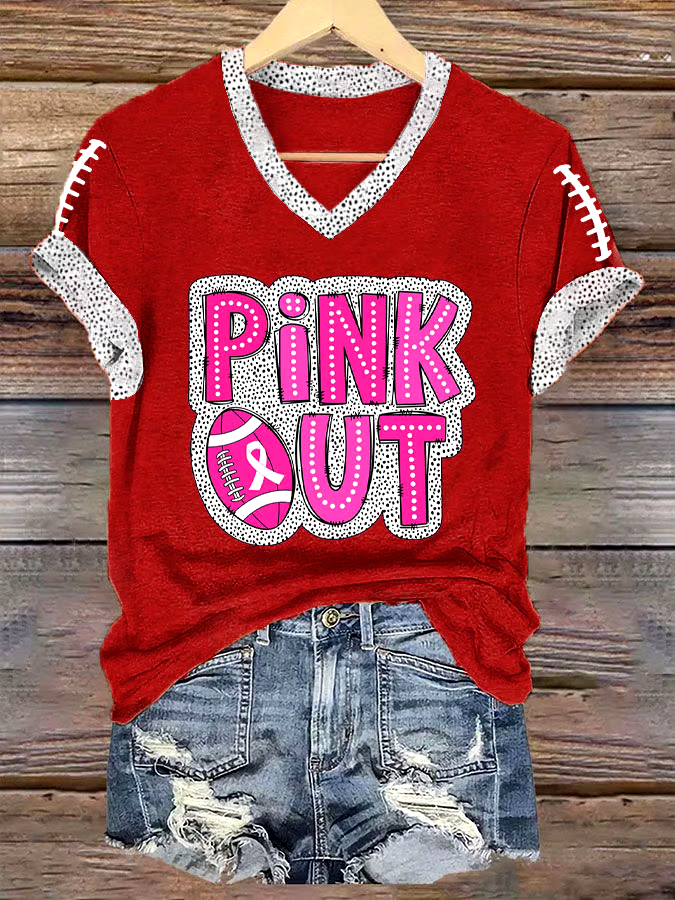 ?Buy 3 get 12% off丨Women's Pink Out Football Breast Cancer Print T-Shirt