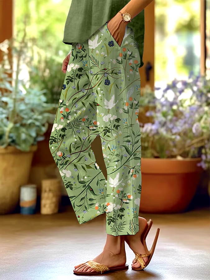 Women's Forest Floral Print Casual Pants (With Pockets)
