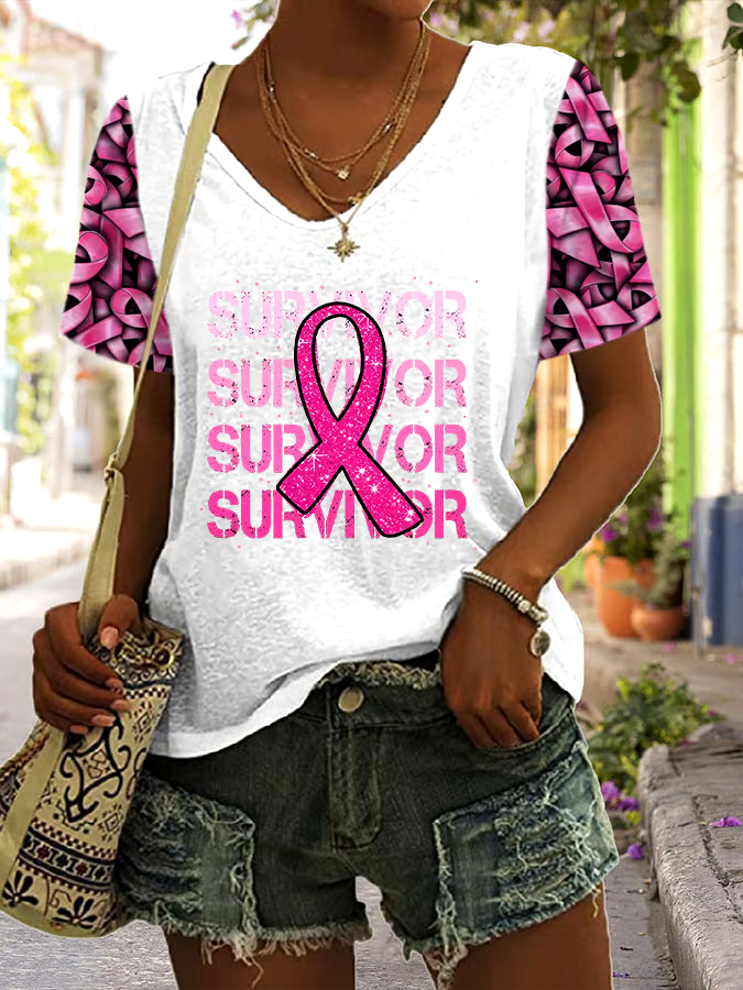 ?Buy 3 get 12% off丨Women'S Casual Pink Ribbon Cancer Awareness Short-Sleeved T-Shirt