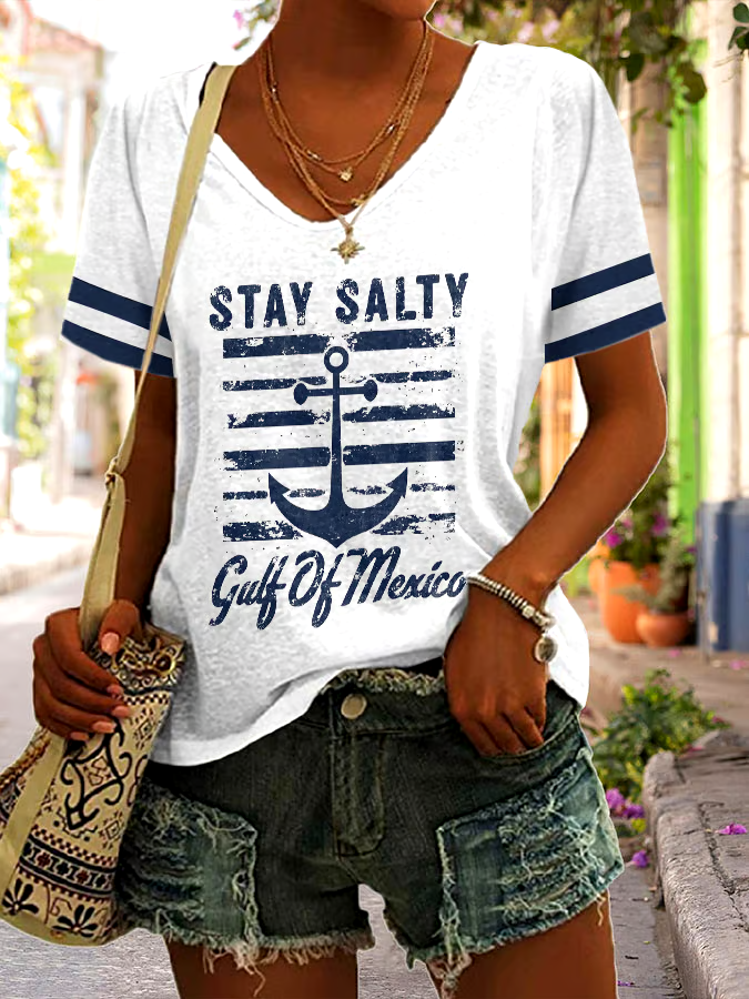 ?Buy 3 get 12% off丨Women's Stay Salty Gulf Of Mexico Print V Neck T-Shirt