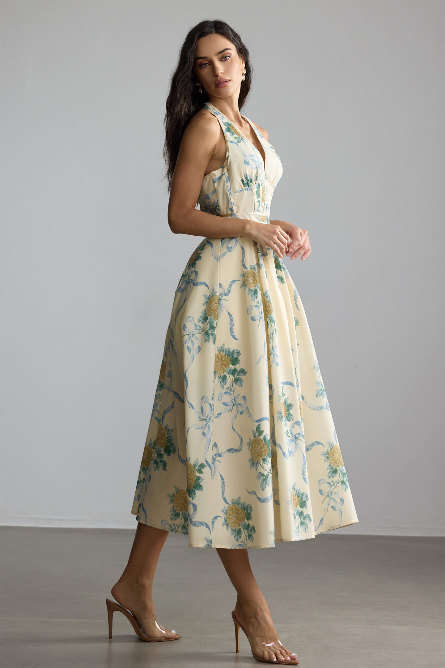 Loralie Floral Print Deep V Neck Midi Dress