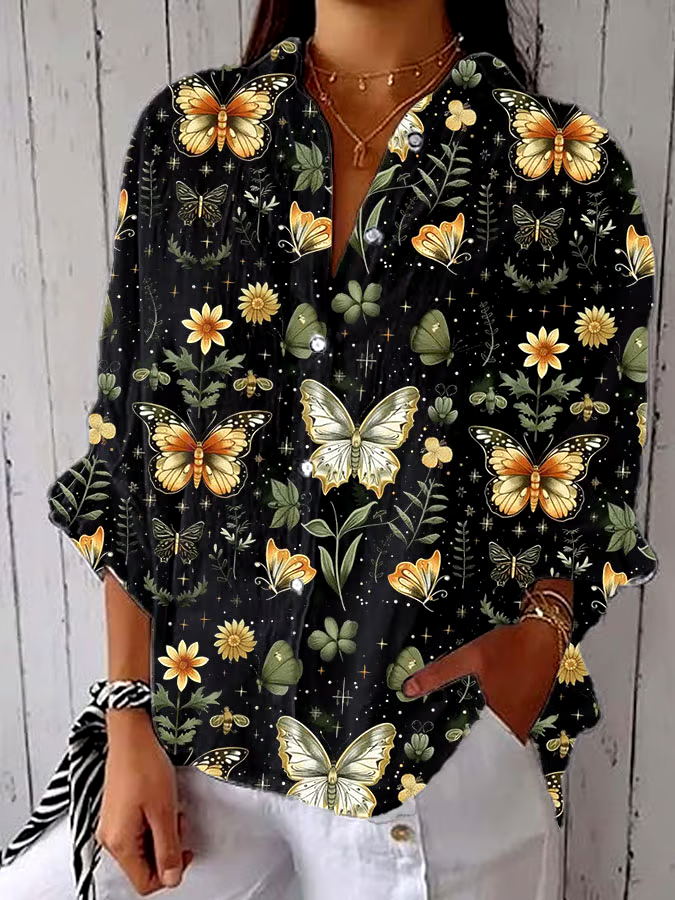 ?Buy 3 get 12% off丨Women's Spring and Summer Floral Butterfly Print Lapel Shirt丨?100% natural cotton