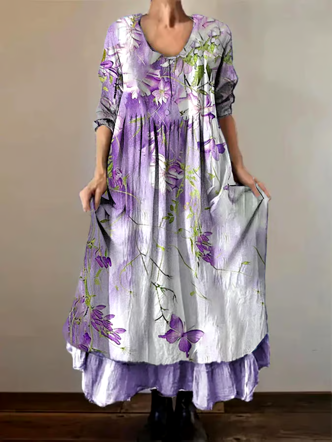 ?Buy 3 get 12% off丨Womens Alzheimer's Awareness Purple Floral Crew Neck Long Sleeve Dress