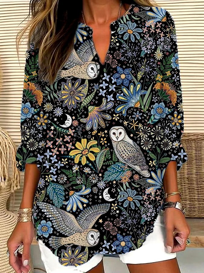 ?Buy 3 get 12% off丨Women's Vintage Floral Owl Print Casual Long Sleeve V Neck Shirt丨?100% natural cotton