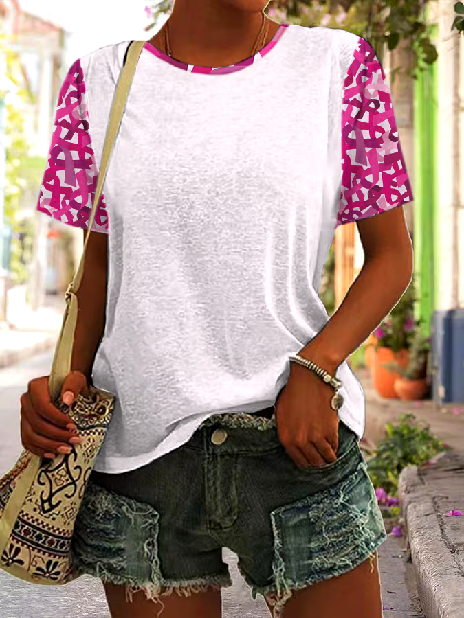 ?Buy 3 get 12% off丨Women's Casual Breast Cancer Healing Ribbon Printed Round Neck Short Sleeve T-Shirt