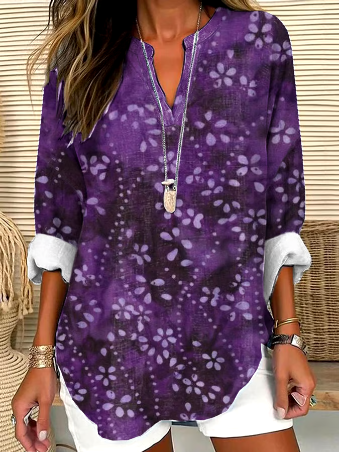 ?Buy 3 get 12% off丨Women's Retro Purple Floral Art Print V-Neck Shirt