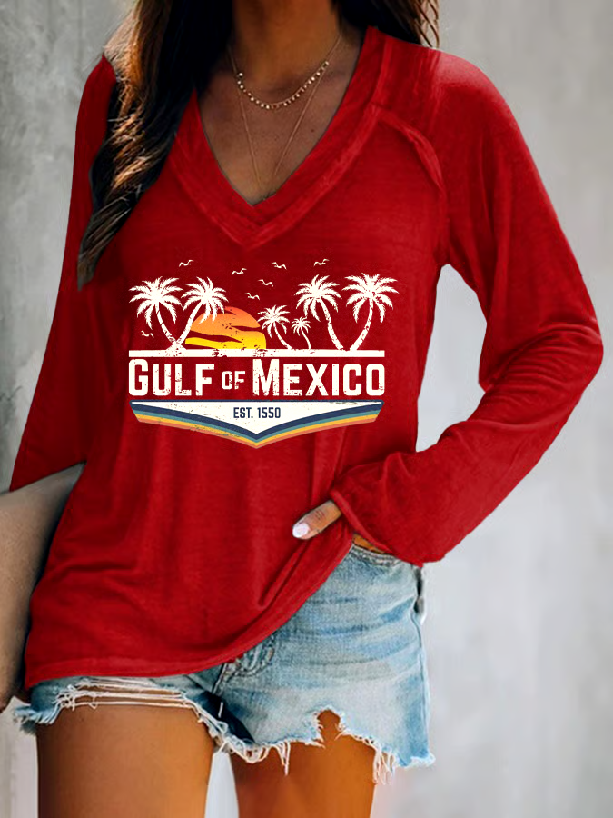 ?Buy 3 get 12% off丨Women's Gulf Of Mexico Print V Neck T-Shirt