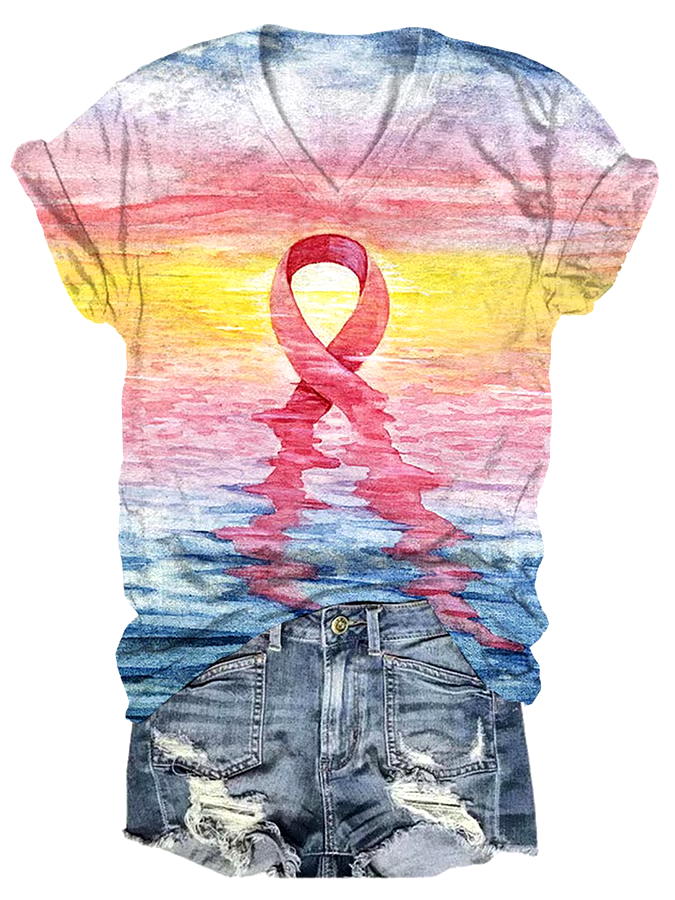 ?Buy 3 get 12% off丨Women's Casual Pink Ribbon Breast Cancer Art Print Short Sleeve T-Shirt