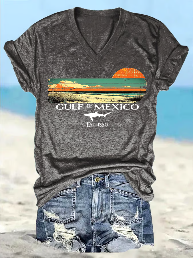 ?Buy 3 get 12% off丨Women's Retro Gulf Of Mexico Print T-Shirt