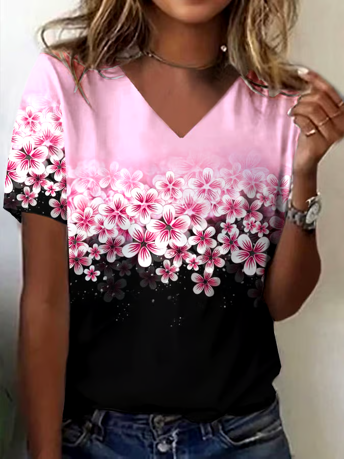 ?Buy 3 get 12% off丨Women's Pink Floral Casual Print T-Shirt