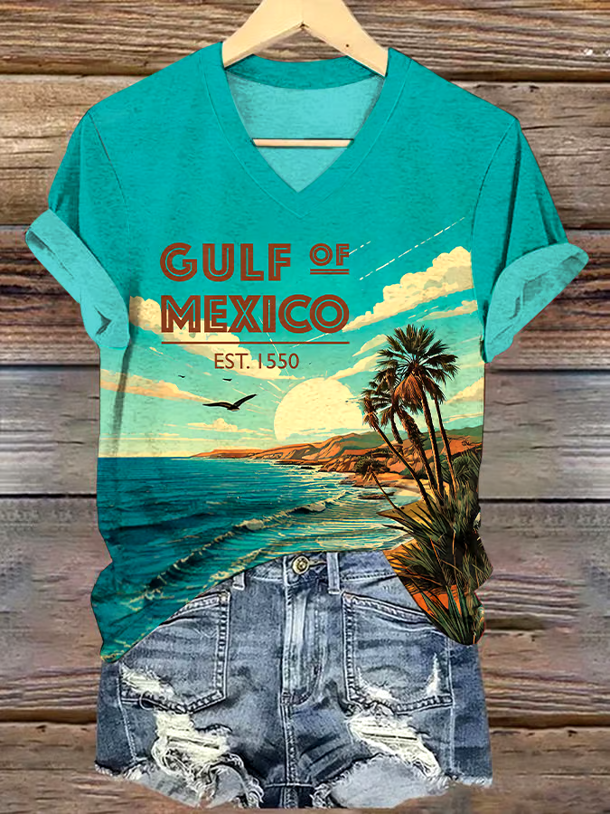 ?Buy 3 get 12% off丨Women's Gulf Of Mexico Print V Neck T-Shirt