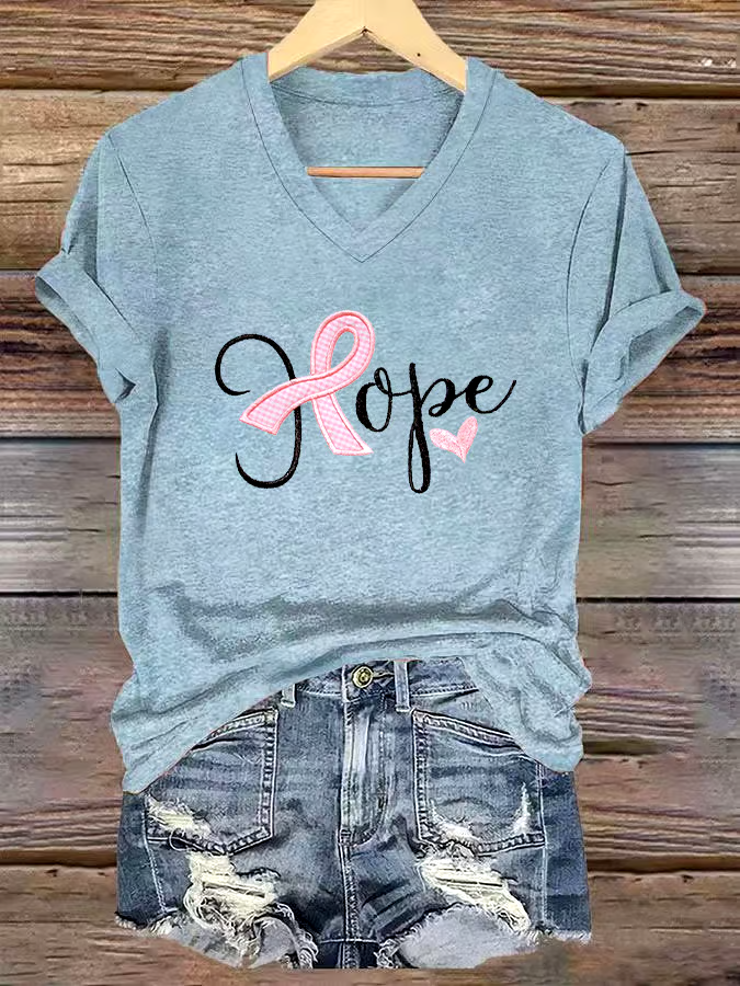 ?Buy 3 get 12% off丨Women's Casual Breast Cancer Cure Graphic Print V-Neck Short Sleeve T-Shirt