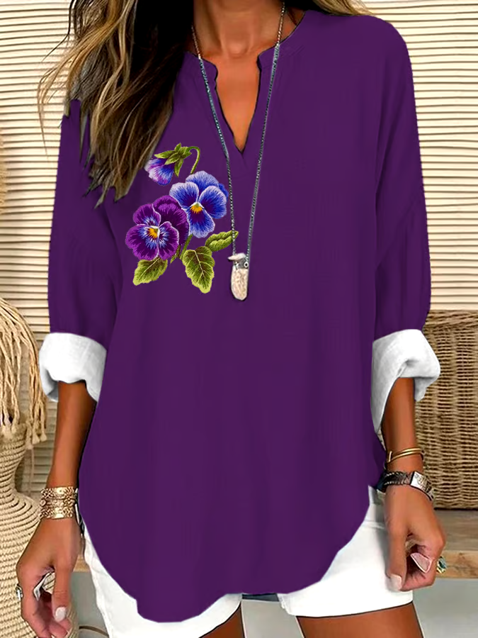 ?Buy 3 get 12% off丨Women's Purple Floral Loose Long Sleeve Crew Neck Top