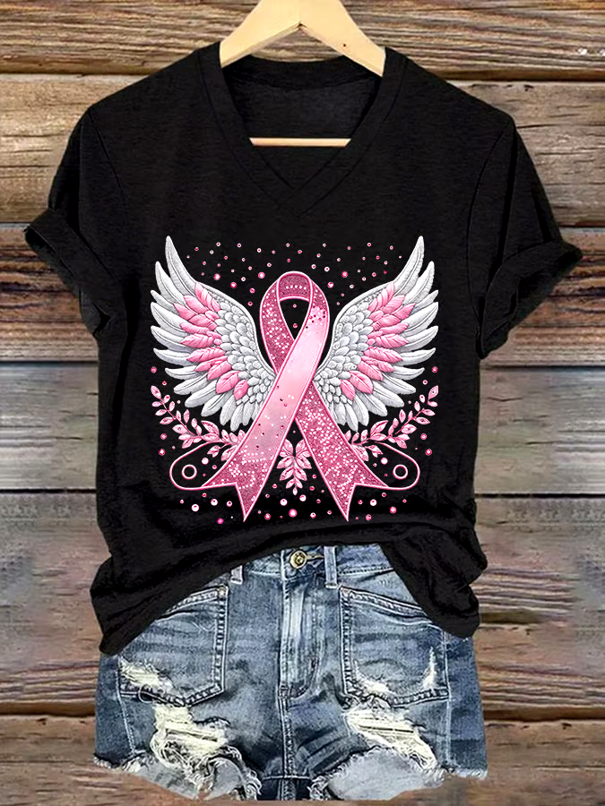 ?Buy 3 get 12% off丨Women's Casual Breast Cancer Cure Graphic Print V-Neck Short Sleeve T-Shirt