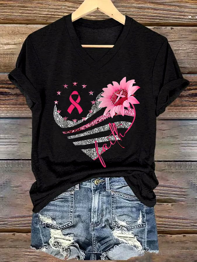 ?Buy 3 get 12% off丨Women's Casual Breast Cancer Cure Graphic Print V-Neck Short Sleeve T-Shirt