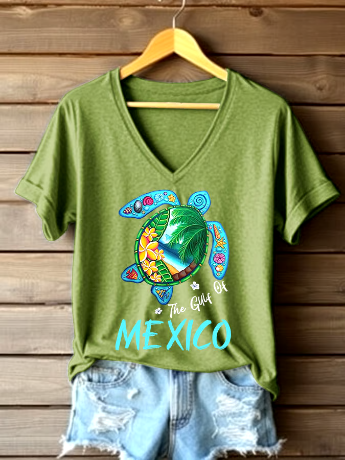 ?Buy 3 get 12% off丨Women's Sea Turtle The Gulf Of Mexico Printed V Neck T-shirt