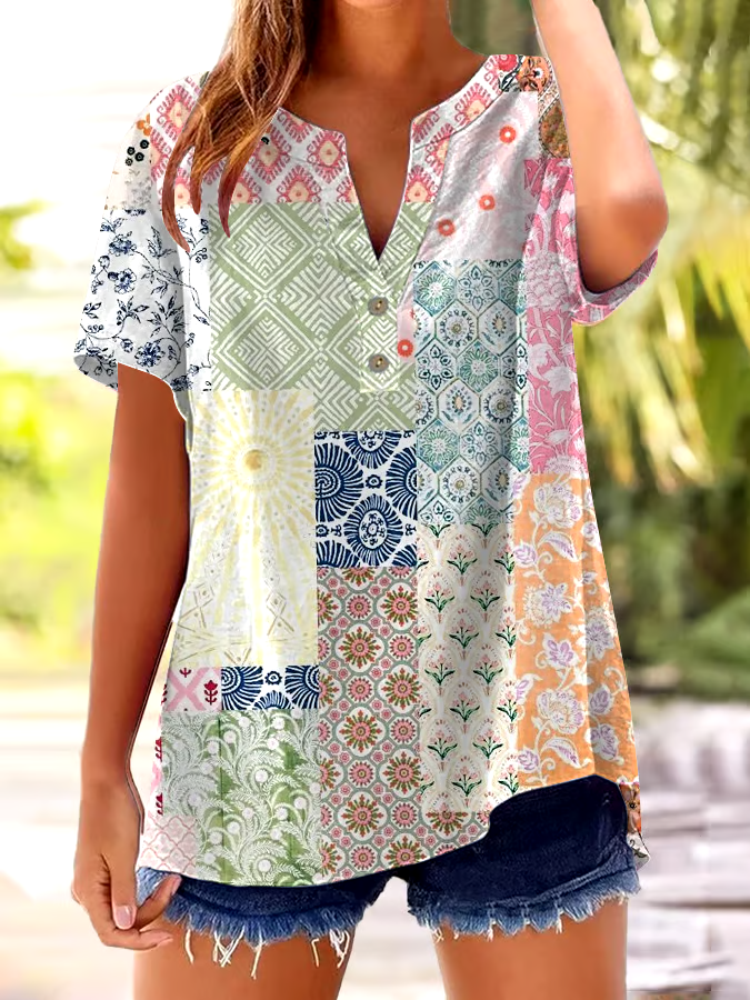 ?Buy 3 get 12% off丨Women's Vintage Floral Print Button Design V Neck Casual Shirt