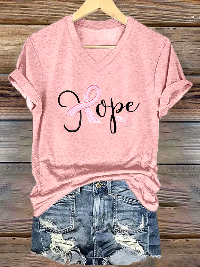 ?Buy 3 get 12% off丨Women's Casual Breast Cancer Cure Graphic Print V-Neck Short Sleeve T-Shirt