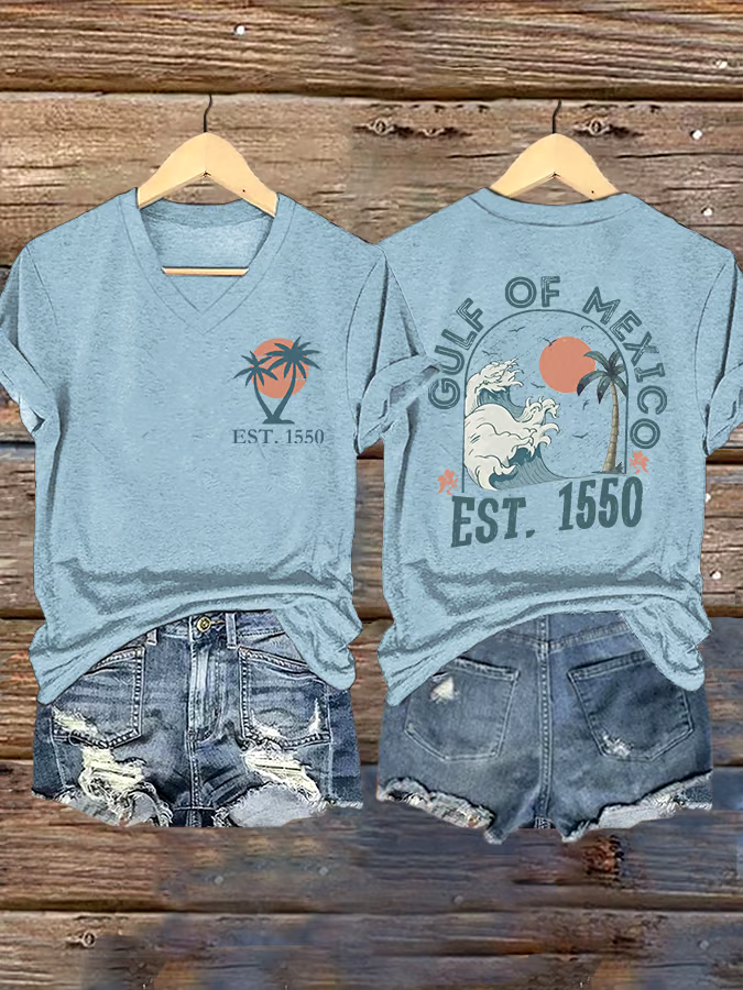 ?Buy 3 get 12% off丨Women's Gulf Of Mexico Printed V Neck T-shirt