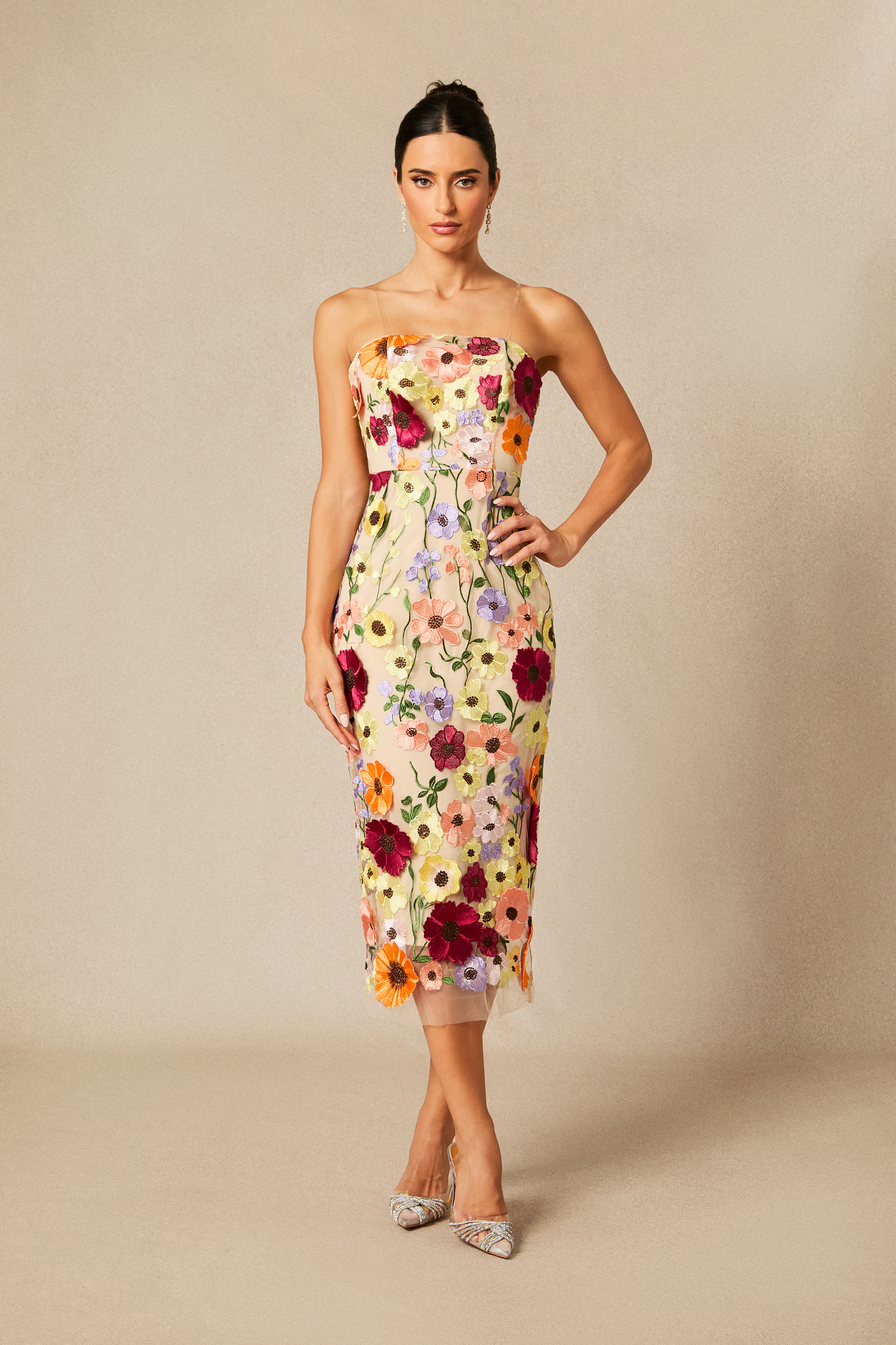 Belle Embroidered Floral Strapless Midi Dress