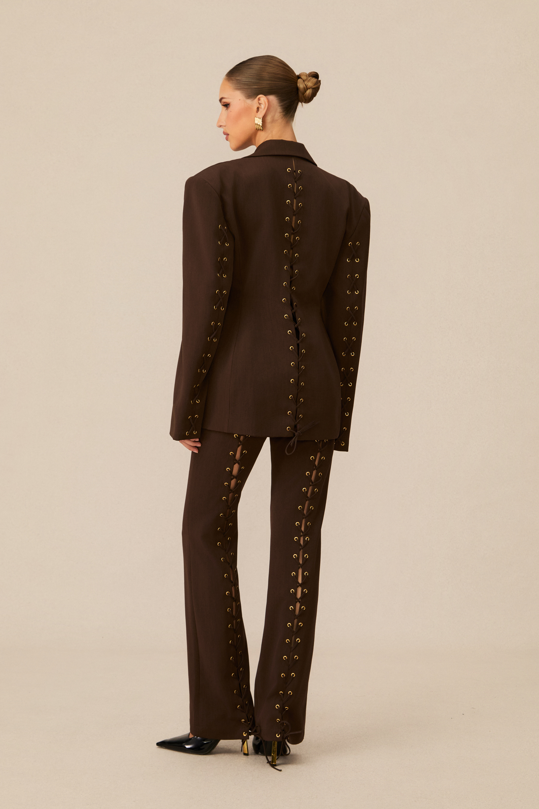 Joanna Lace Up Wide Shoulder Blazer & Trousers Set
