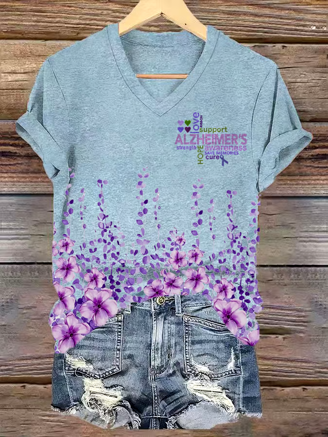 ?Buy 3 get 12% off丨Women's Alzheimer's Disease Awareness Floral Print V-Neck T-Shirt