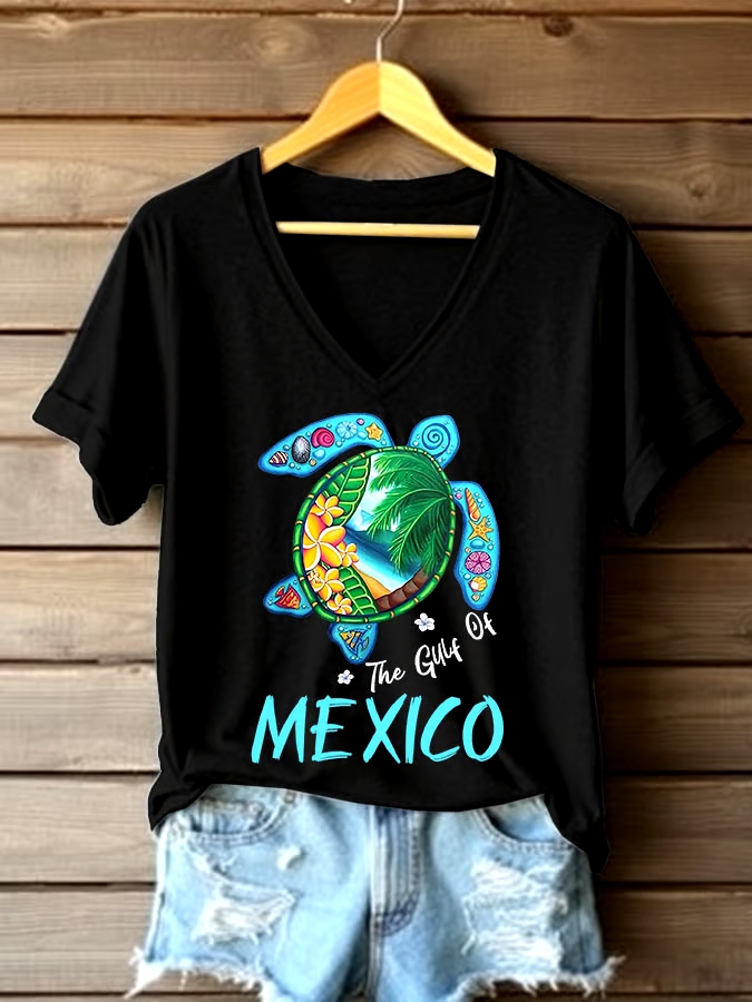 ?Buy 3 get 12% off丨Women's Sea Turtle The Gulf Of Mexico Printed V Neck T-shirt