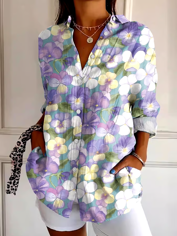 ?Buy 3 get 12% off丨Women's Art Purple Pansy Floral Print Shirt