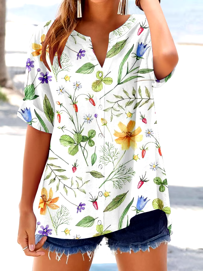 ?Buy 3 get 12% off丨Women's Retro Botanical Floral Button Design V-Neck Three-Quarter Sleeve Shirt