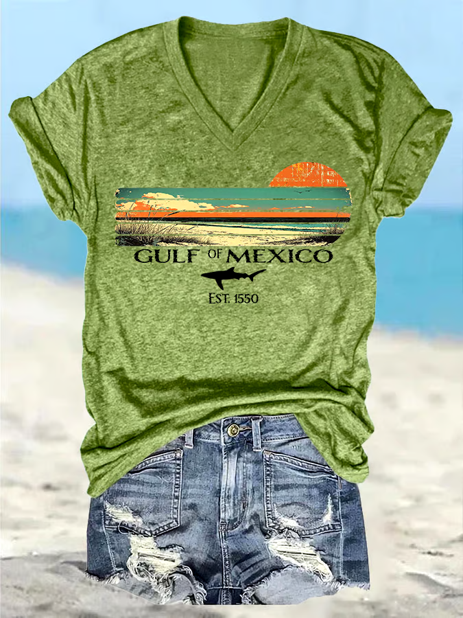?Buy 3 get 12% off丨Women's Retro Gulf Of Mexico Print T-Shirt