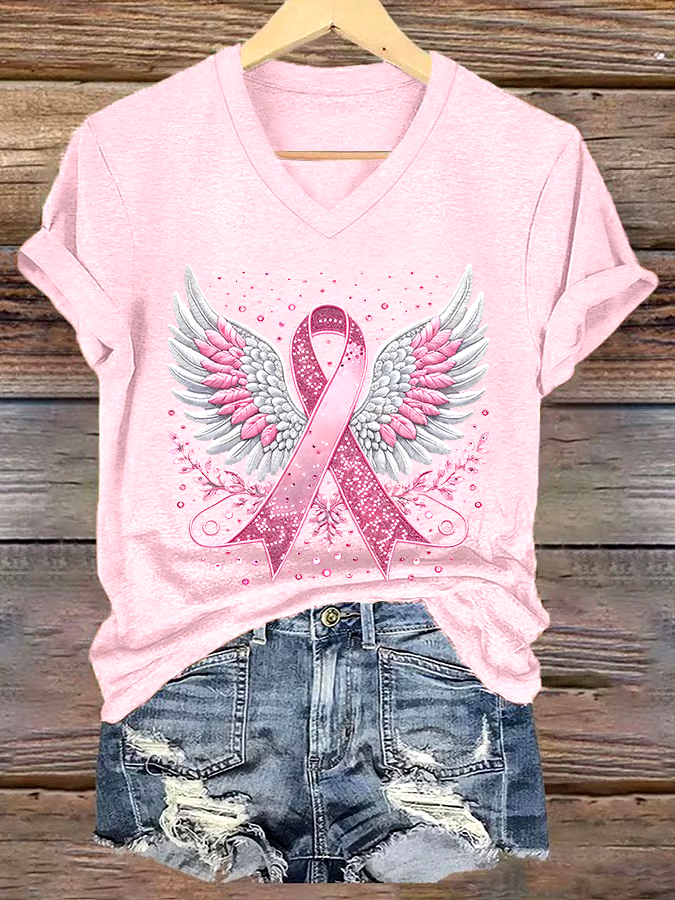 ?Buy 3 get 12% off丨Women's Casual Breast Cancer Cure Graphic Print V-Neck Short Sleeve T-Shirt