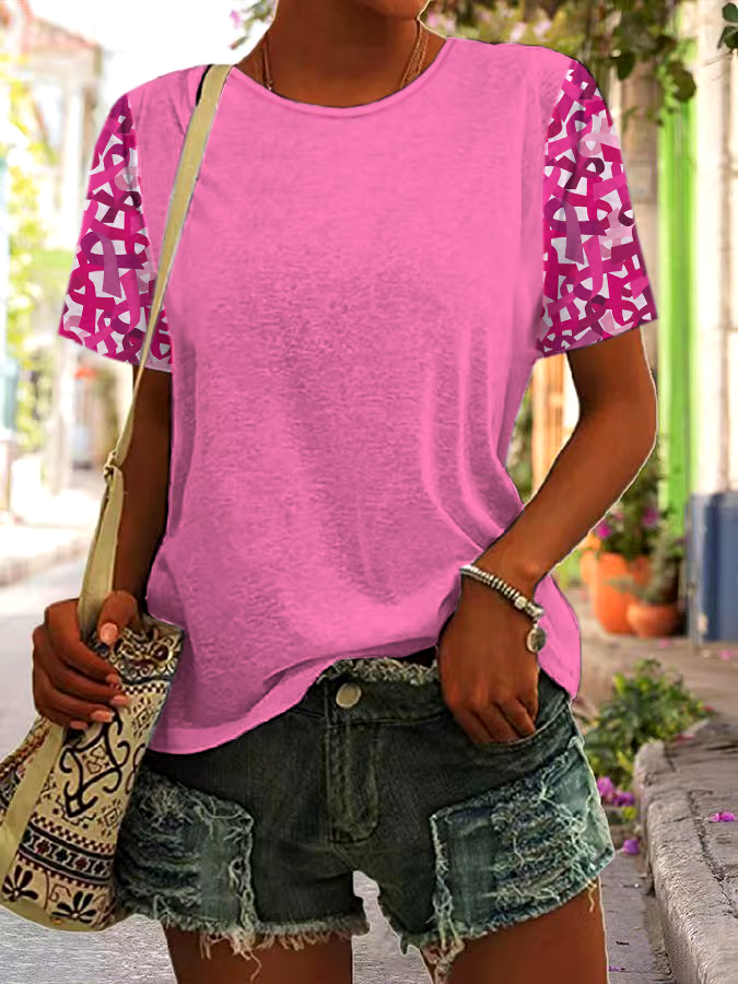 ?Buy 3 get 12% off丨Women's Casual Breast Cancer Healing Ribbon Printed Round Neck Short Sleeve T-Shirt