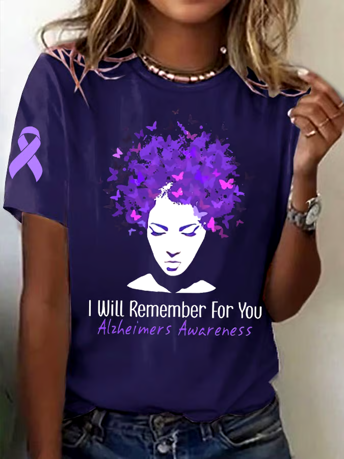 ?Buy 3 get 12% off丨Womens Alzheimer's Awareness Purple Print  I Will Remember For You Casual T-Shirt