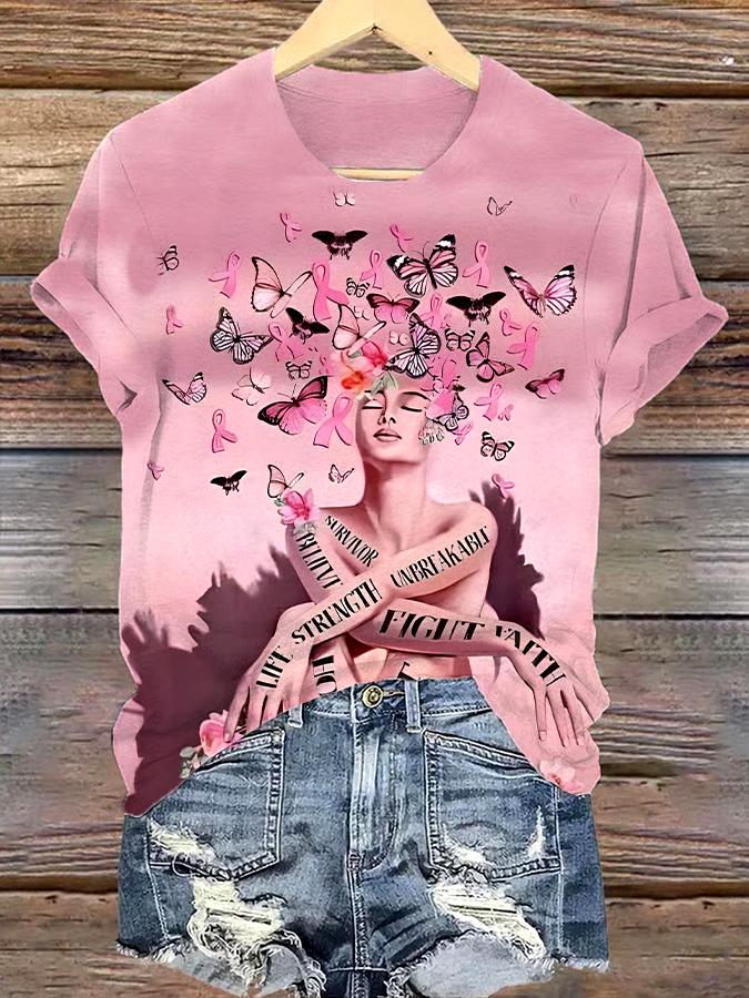 ?Buy 3 get 12% off丨Women's Casual Breast Cancer Cure Graphic Print Round Neck Short Sleeve T-Shirt