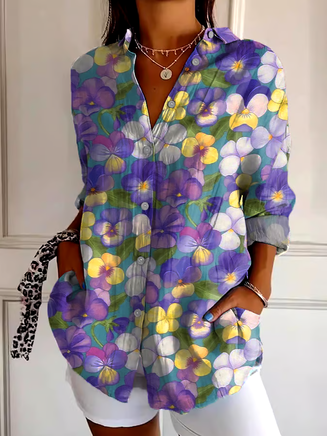 ?Buy 3 get 12% off丨Women's Art Purple Pansy Floral Print Shirt