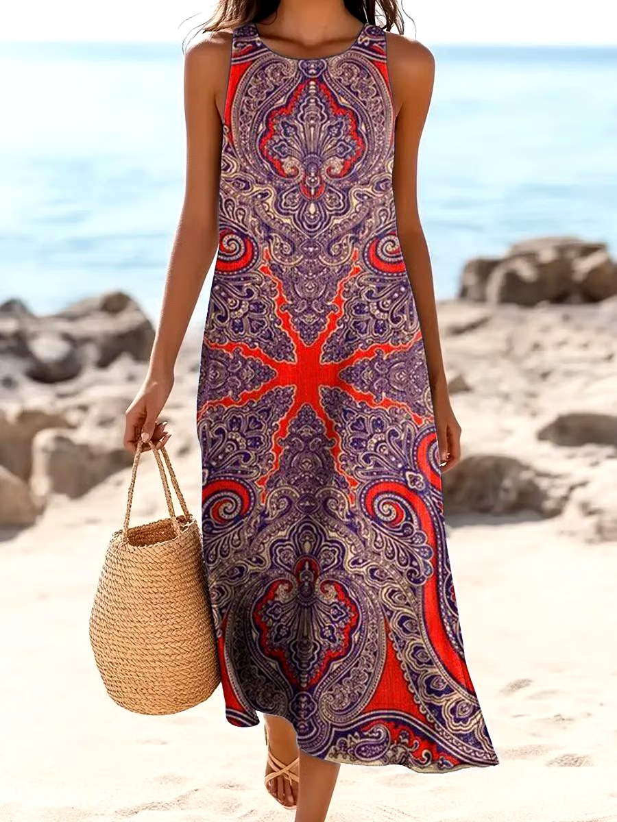 ?Buy 3 get 12% off丨Women's Casual Retro Pattern Printed Cotton And Linen Vest Dress