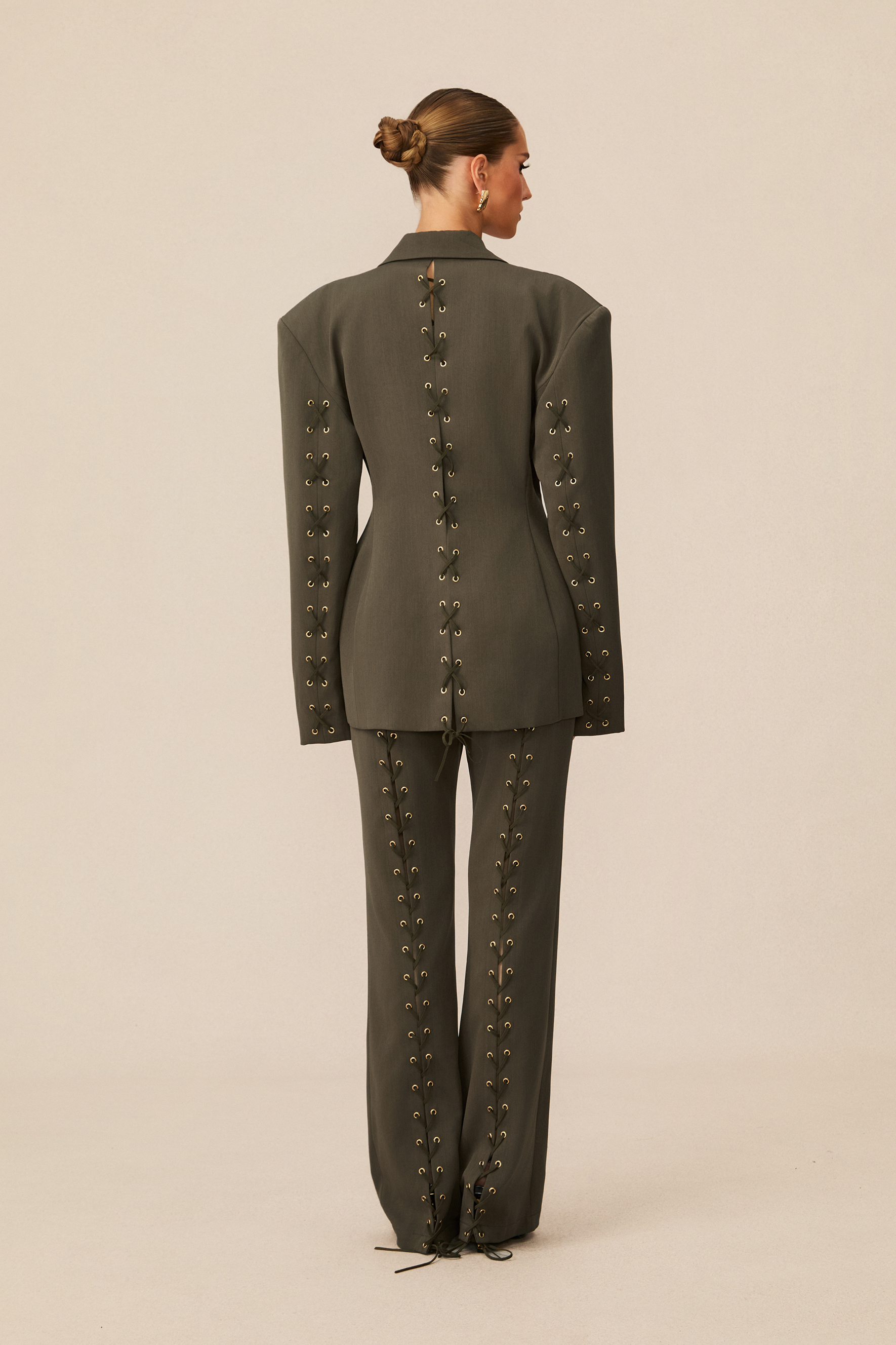 Joanna Lace Up Wide Shoulder Blazer & Trousers Set