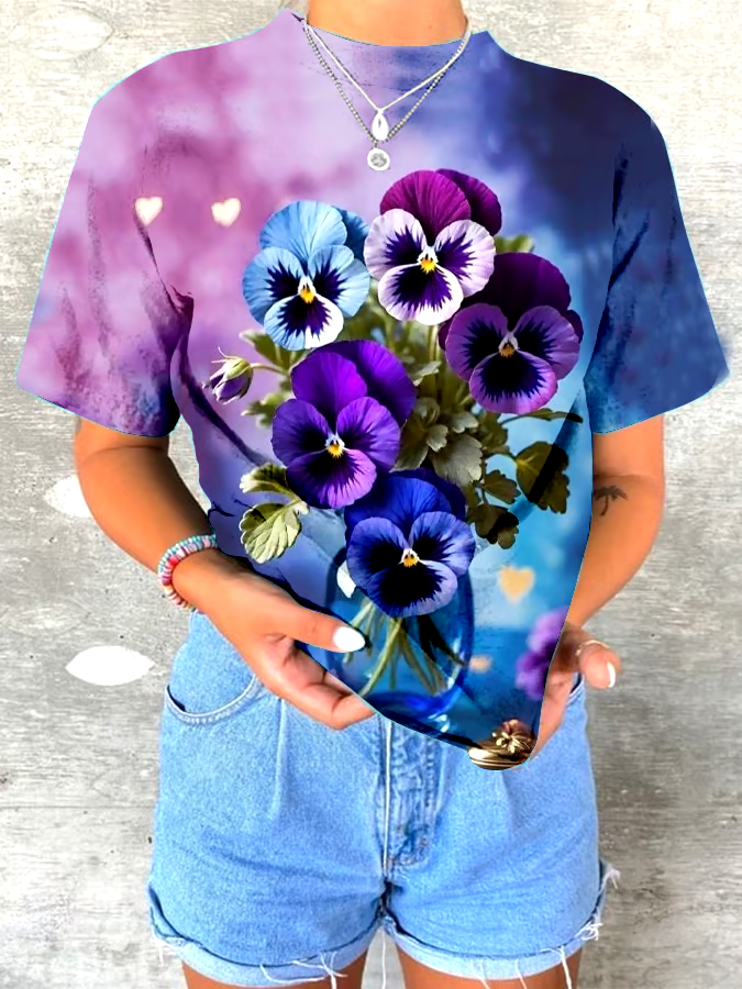 ?Buy 3 get 12% off丨Women's Purple Pansy Alzheimer's Awareness Floral Print T-Shirt